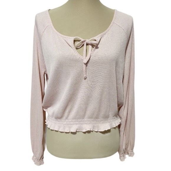 Divided H&M Women M Pink Crop Top Elastic Waist Tie Neck Long Sleeves - Picture 1 of 12